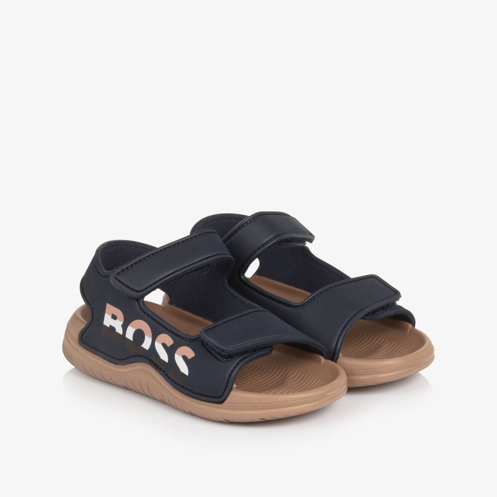 BOSS-Boys Navy Blue Velcro Sandals with Logo | Childrensalon Outlet