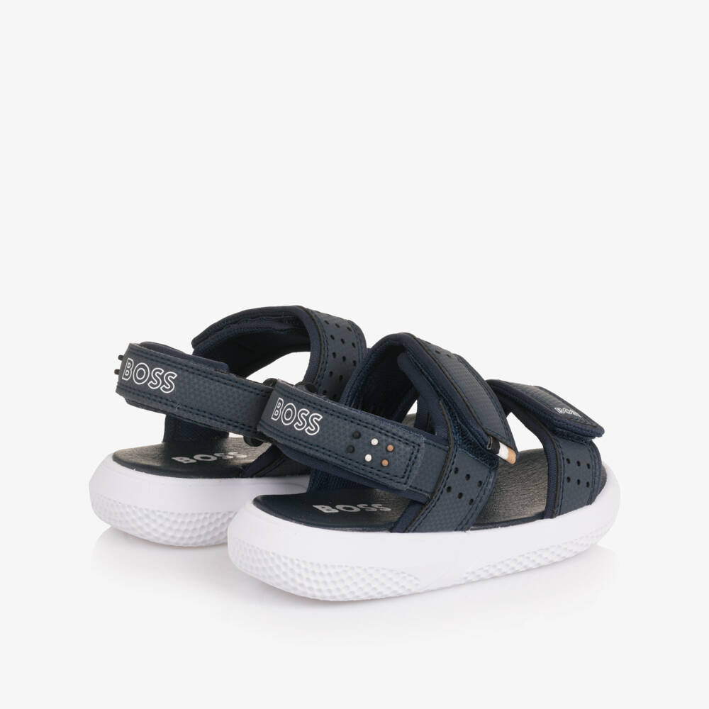 BOSS-Boys Navy Blue Velcro Sandals with White Logo Print | Childrensalon Outlet