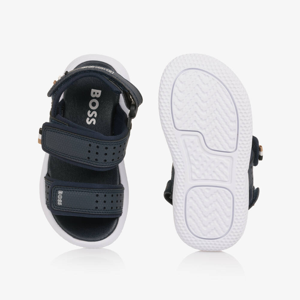 BOSS-Boys Navy Blue Velcro Sandals with White Logo Print | Childrensalon Outlet