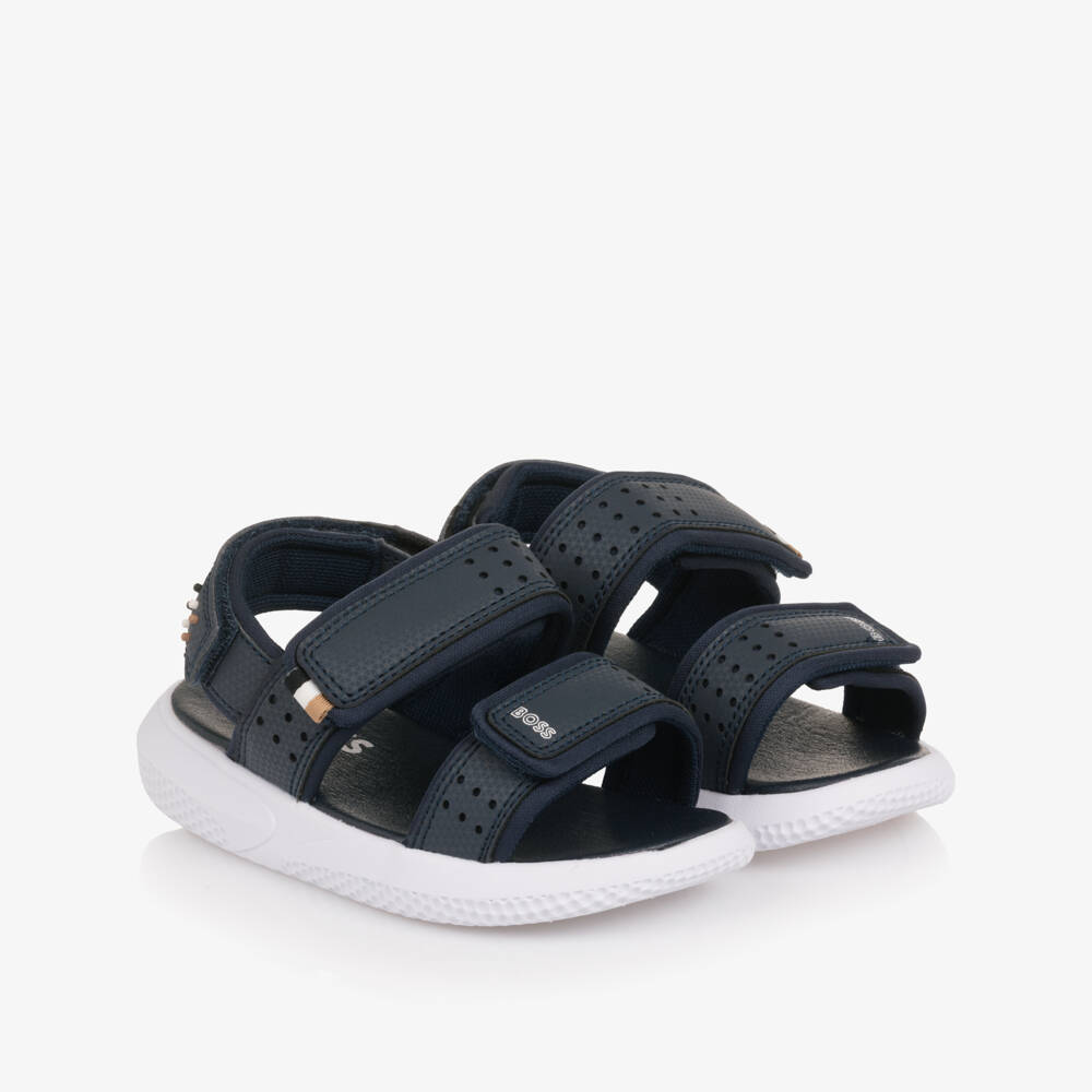 BOSS-Boys Navy Blue Velcro Sandals with White Logo Print | Childrensalon Outlet