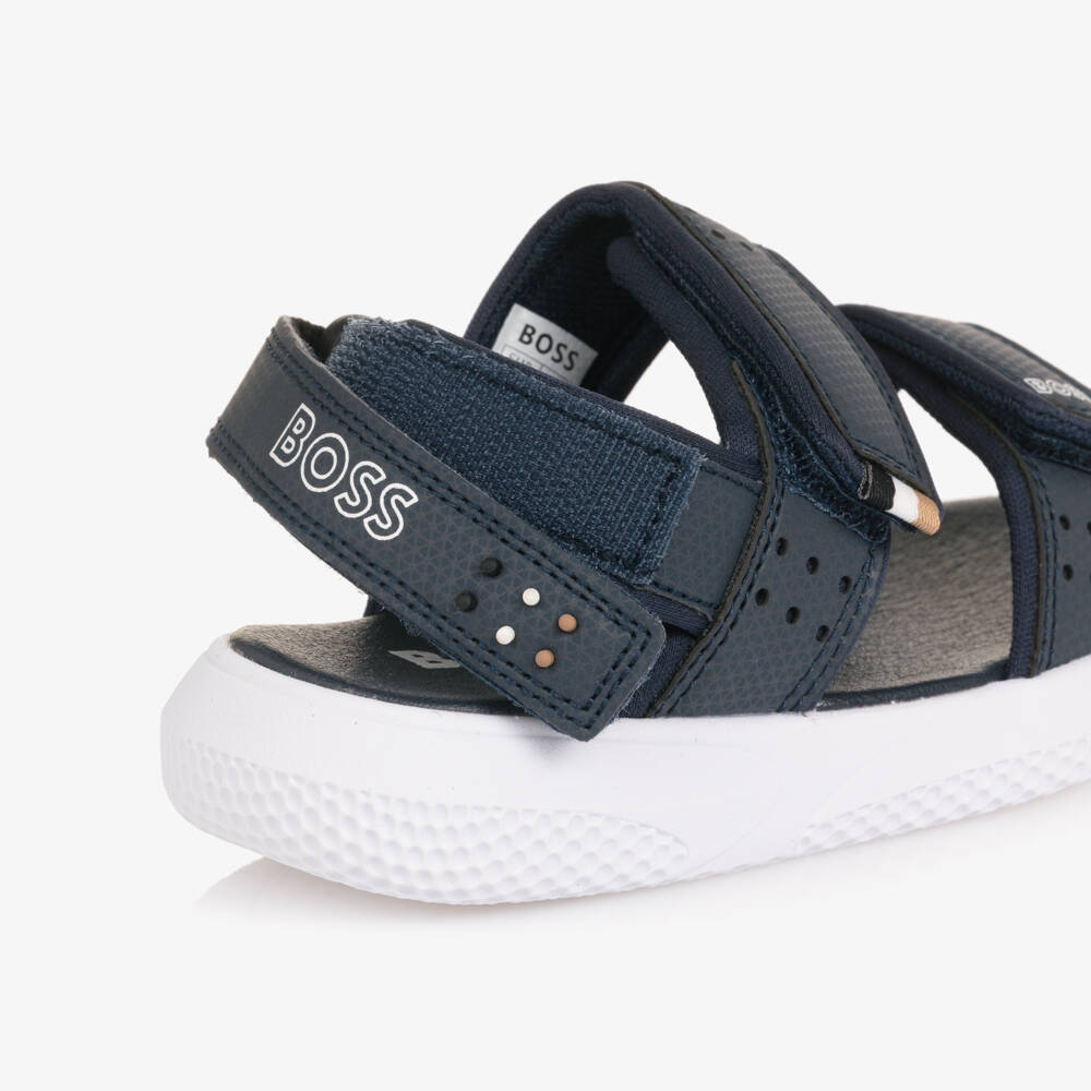 BOSS-Boys Navy Blue Velcro Sandals with White Logo Print | Childrensalon Outlet