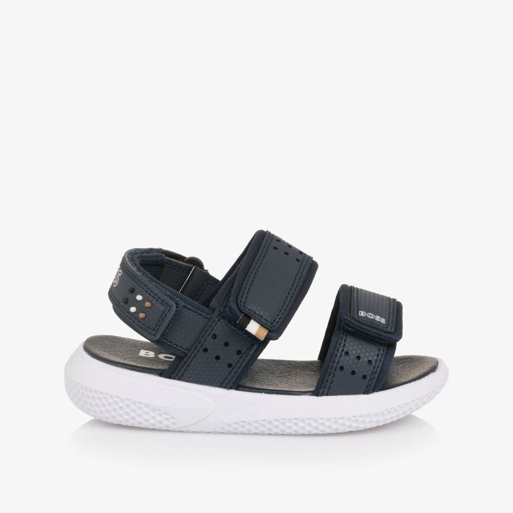 BOSS-Boys Navy Blue Velcro Sandals with White Logo Print | Childrensalon Outlet