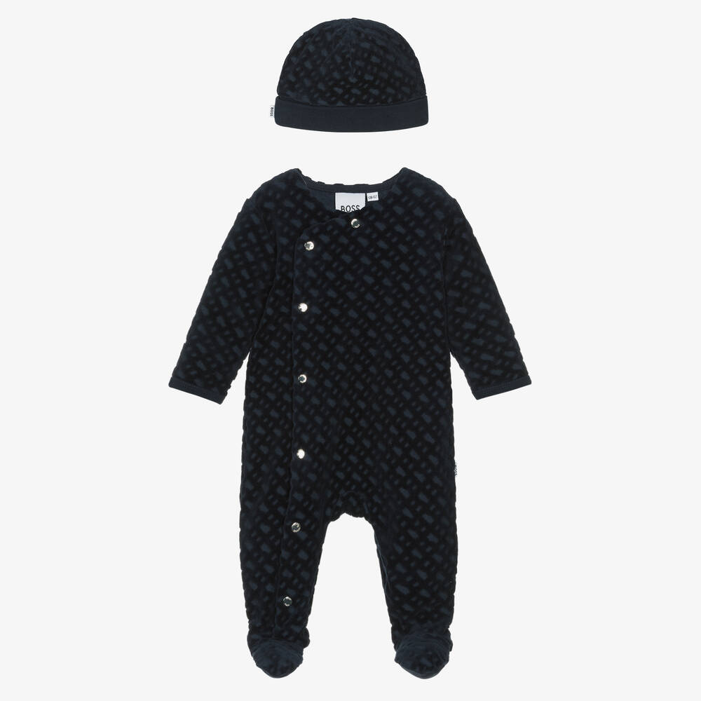 BOSS - Boys Navy Blue Velour Monogram Babygrow & Hat Set | Childrensalon