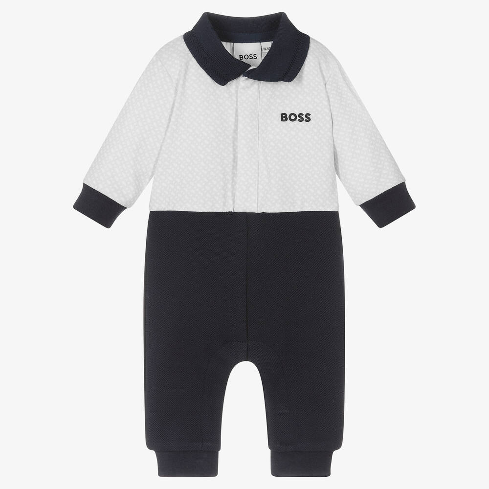 BOSS - Boys Navy Blue & White Cotton Romper  | Childrensalon