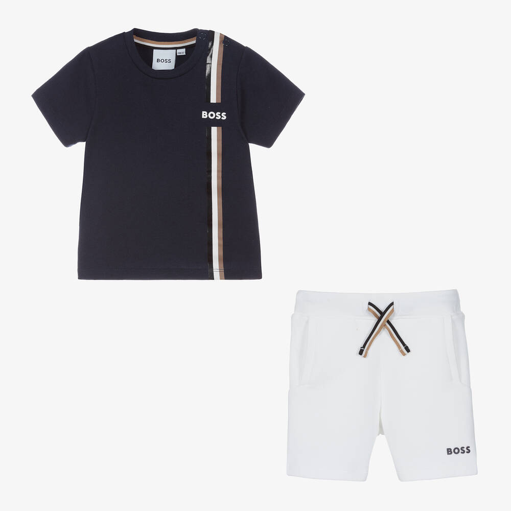BOSS - Boys Navy Blue & White Cotton Shorts Set | Childrensalon Outlet