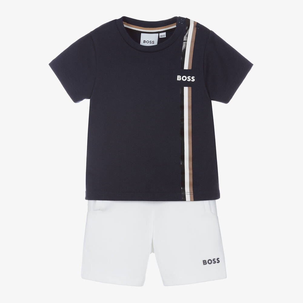BOSS - Boys Navy Blue & White Cotton Shorts Set | Childrensalon