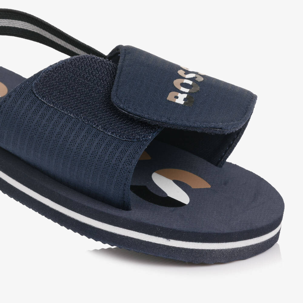 BOSS-Boys Navy Blue Wide Velcro Strap Logo Sandals | Childrensalon Outlet
