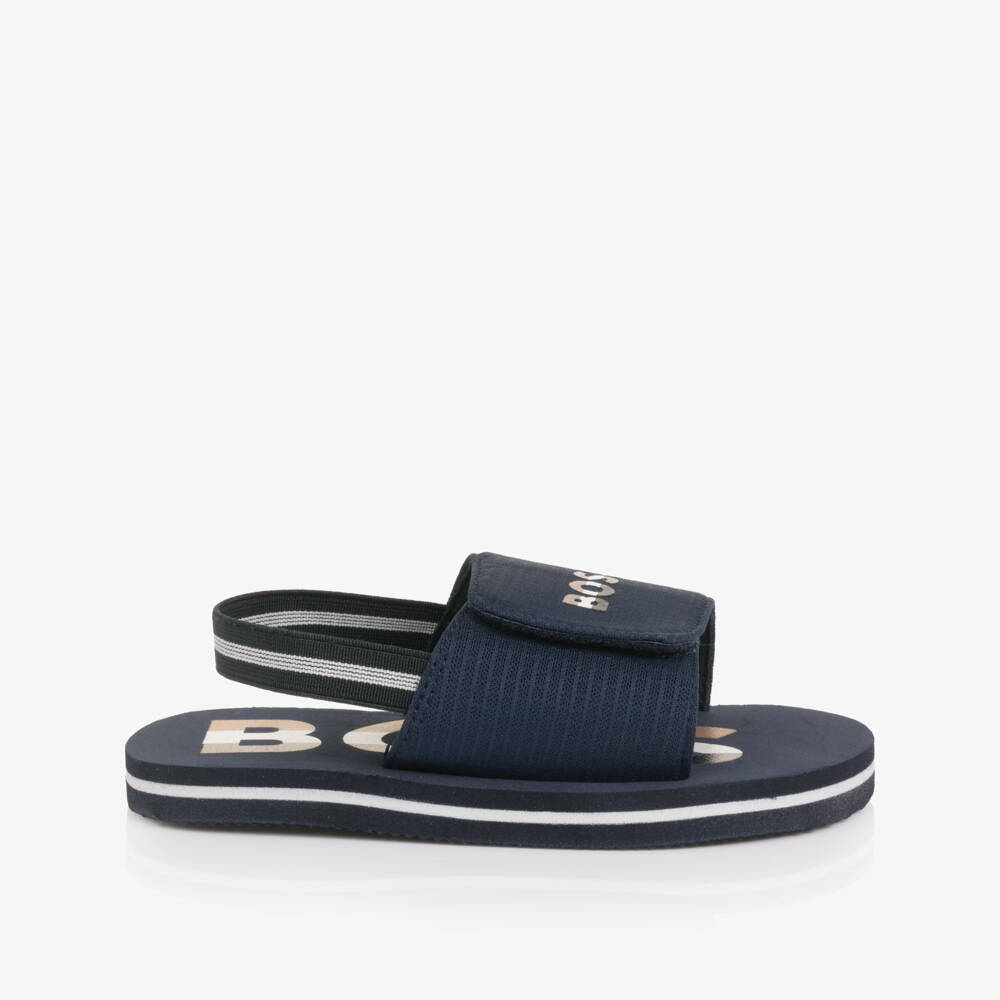 BOSS-Boys Navy Blue Wide Velcro Strap Logo Sandals | Childrensalon Outlet