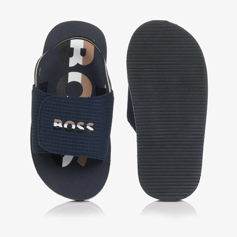 BOSS-Boys Navy Blue Wide Velcro Strap Logo Sandals | Childrensalon Outlet