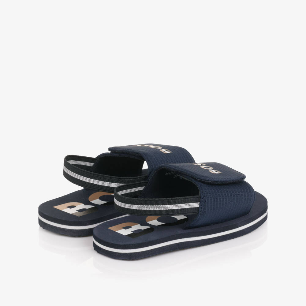 BOSS-Boys Navy Blue Wide Velcro Strap Logo Sandals | Childrensalon Outlet