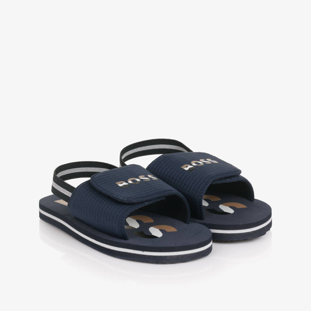 BOSS-Boys Navy Blue Wide Velcro Strap Logo Sandals | Childrensalon Outlet