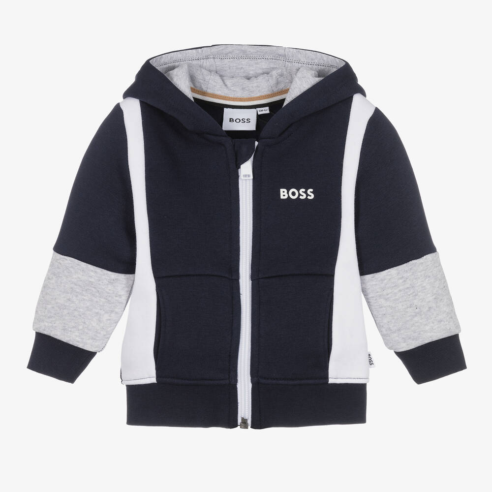 BOSS - Sweat à capuche zippé bleu marine garçon | Childrensalon