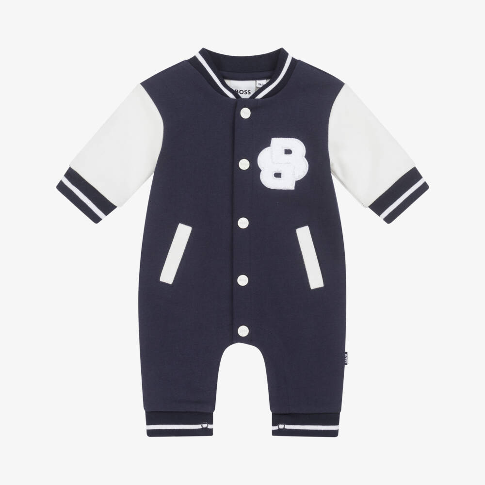 BOSS-Boys Navy Cotton Varsity Romper | Childrensalon Outlet