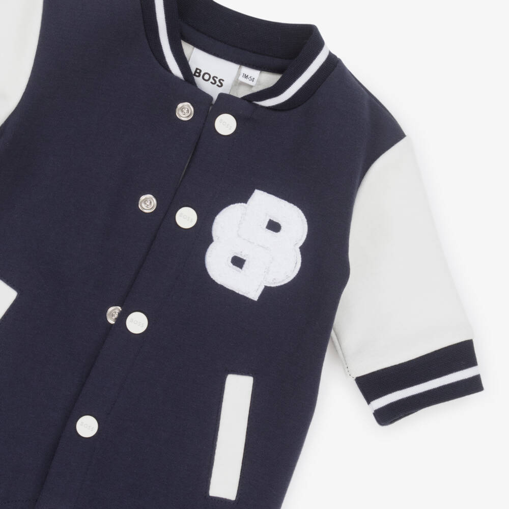 BOSS-Baby Boys Navy Blue Cotton Varsity Romper | Childrensalon Outlet