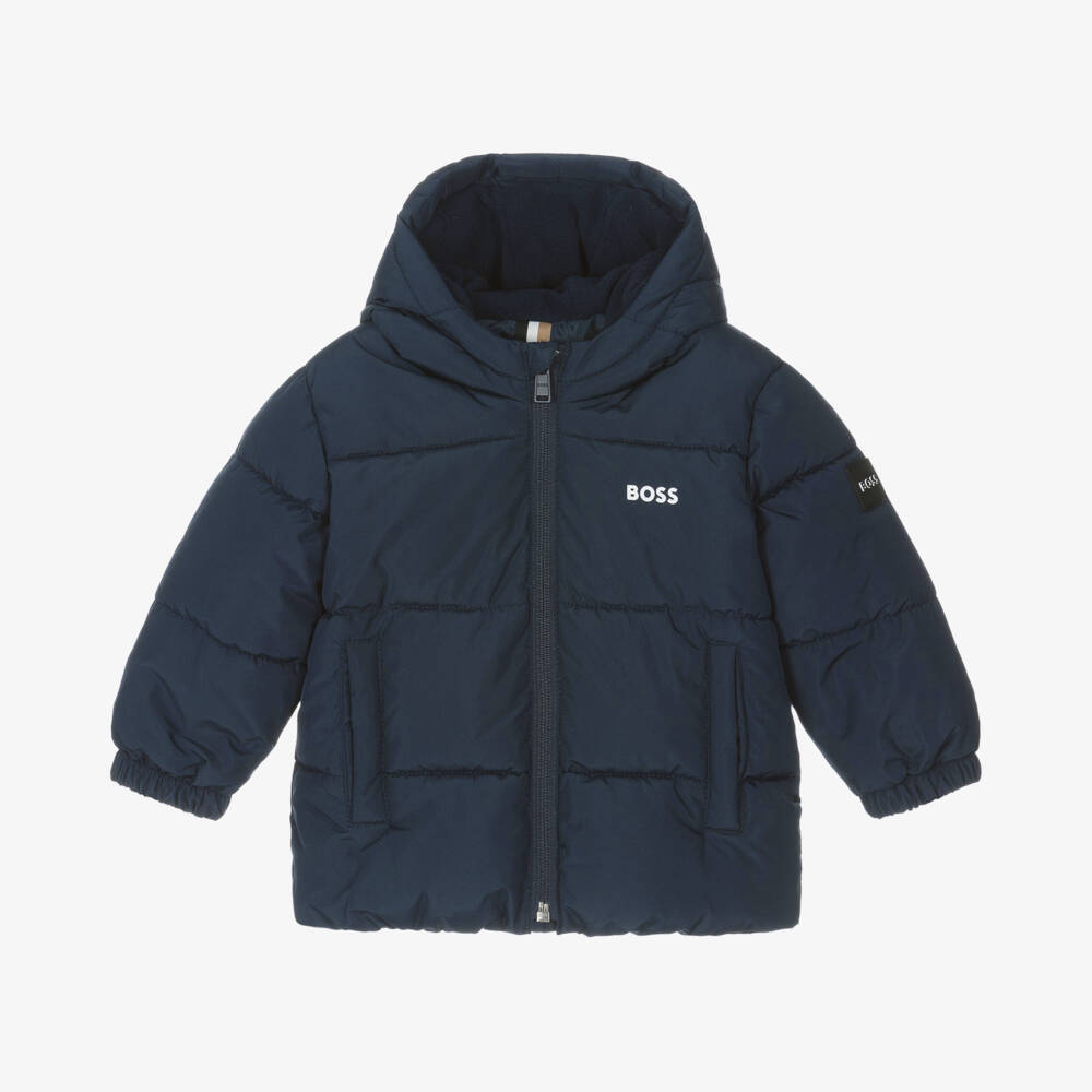 BOSS-Boys Navy Hooded Puffer Jacket | Childrensalon Outlet