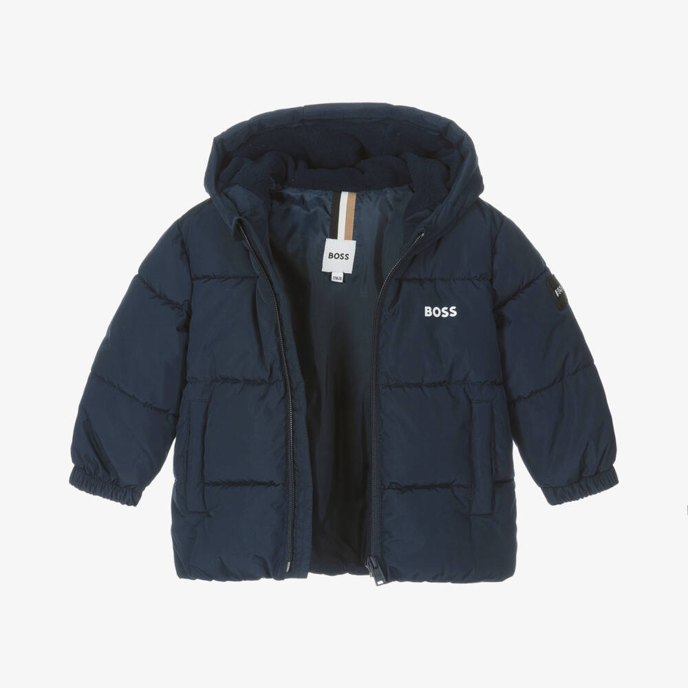 BOSS-Boys Navy Hooded Puffer Jacket | Childrensalon Outlet