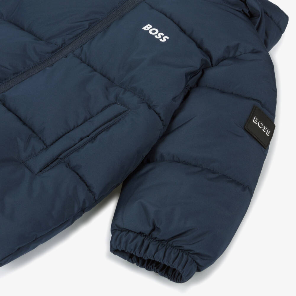 BOSS-Boys Navy Hooded Puffer Jacket | Childrensalon Outlet