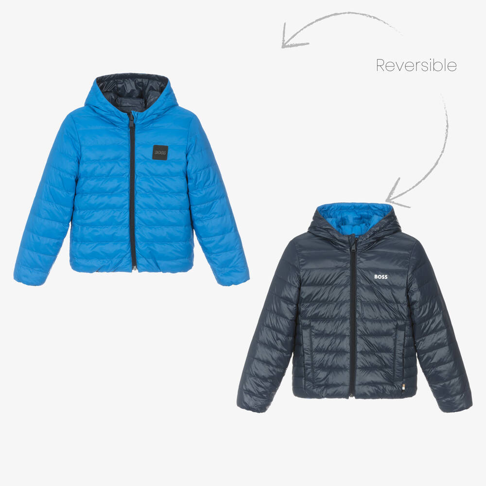 BOSS - Boys Navy & Mid-Blue Reversible Puffer Jacket | Childrensalon