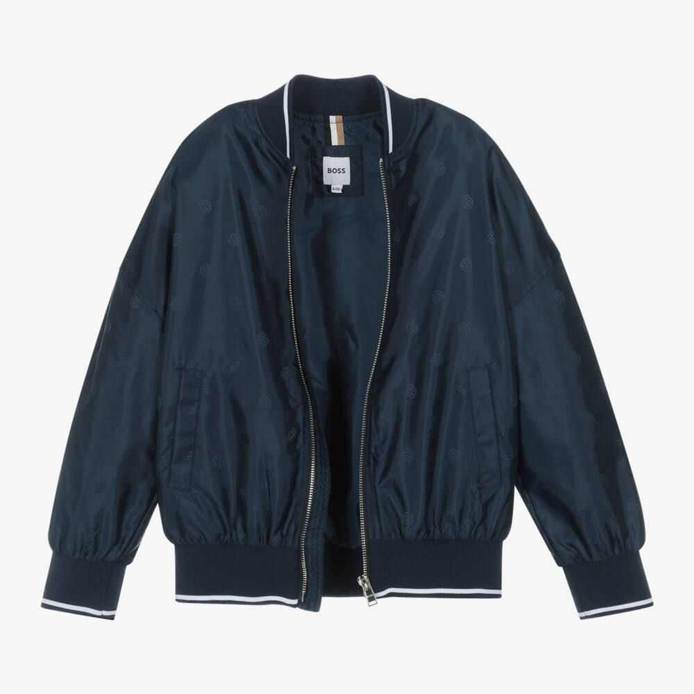 BOSS-Boys Navy Monogrammed Flight Jacket | Childrensalon Outlet