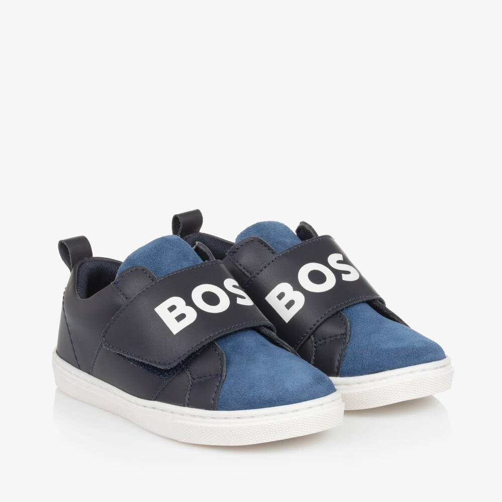BOSS-Boys Navy Suede Leather Trainers | Childrensalon Outlet