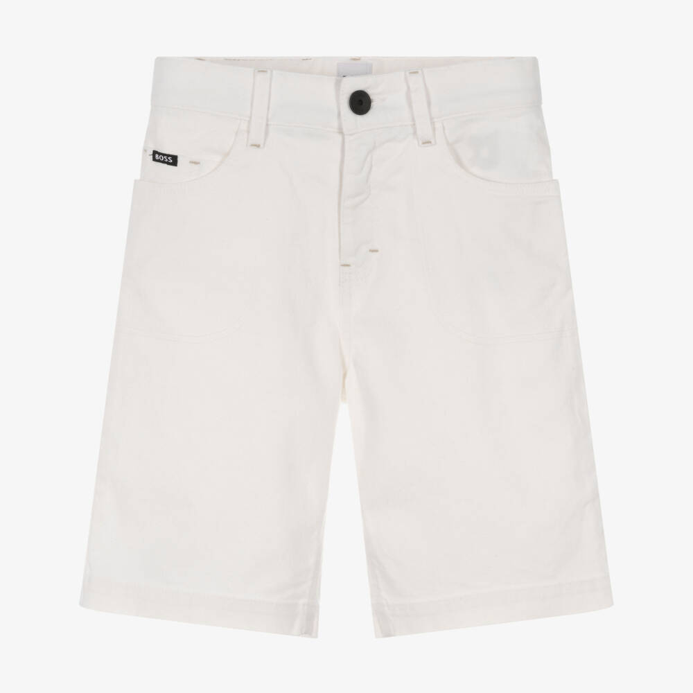 BOSS-Boys Off-White Cotton Denim Shorts | Childrensalon Outlet