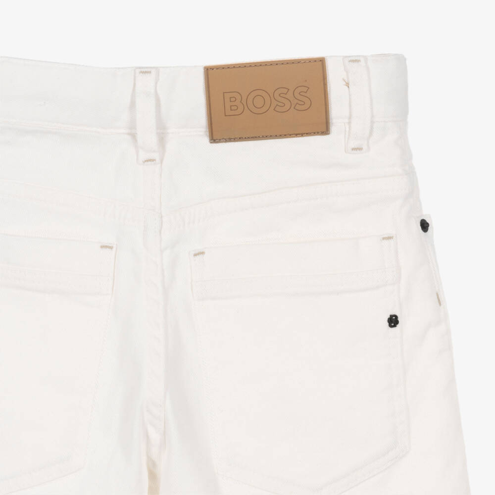 BOSS-Boys Off-White Cotton Denim Shorts | Childrensalon Outlet