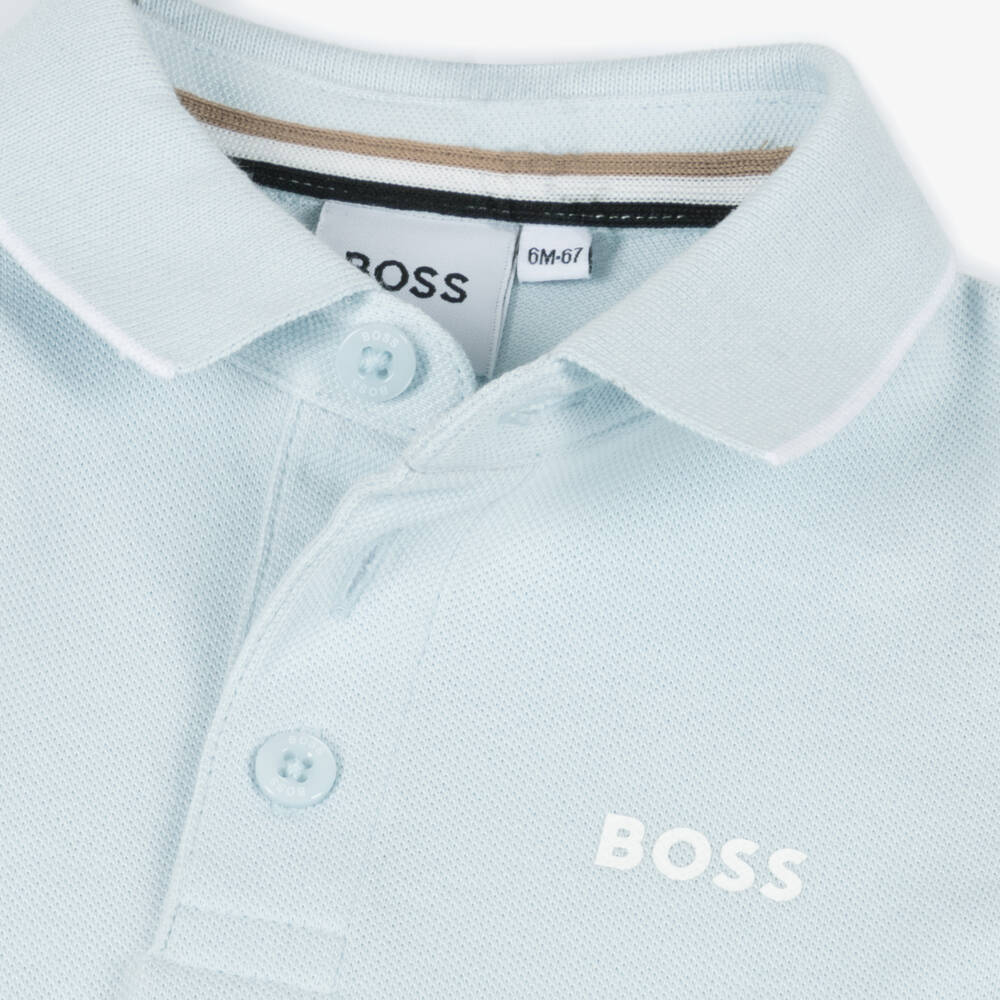 BOSS-Boys Pale Blue Cotton Piqué Long-Sleeve Polo Shirt | Childrensalon Outlet