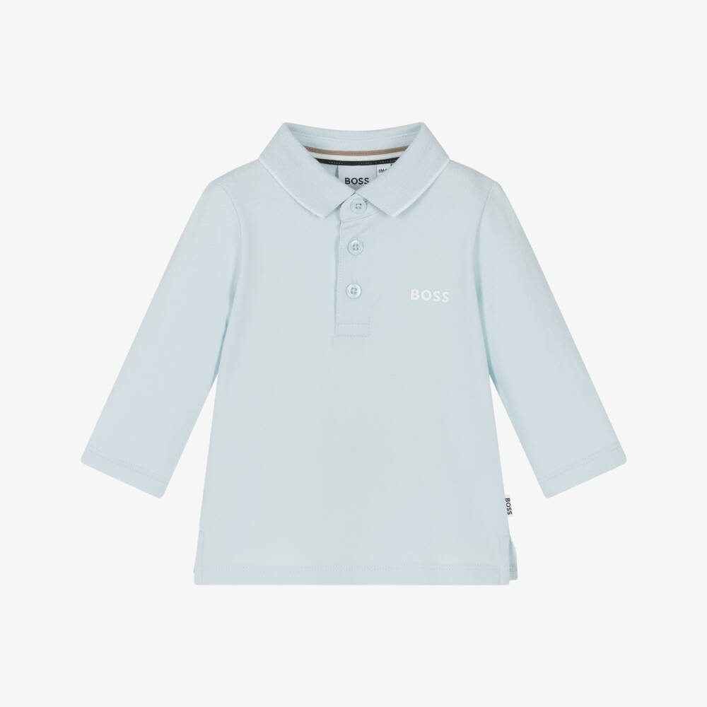 BOSS-Boys Pale Blue Cotton Piqué Long-Sleeve Polo Shirt | Childrensalon Outlet