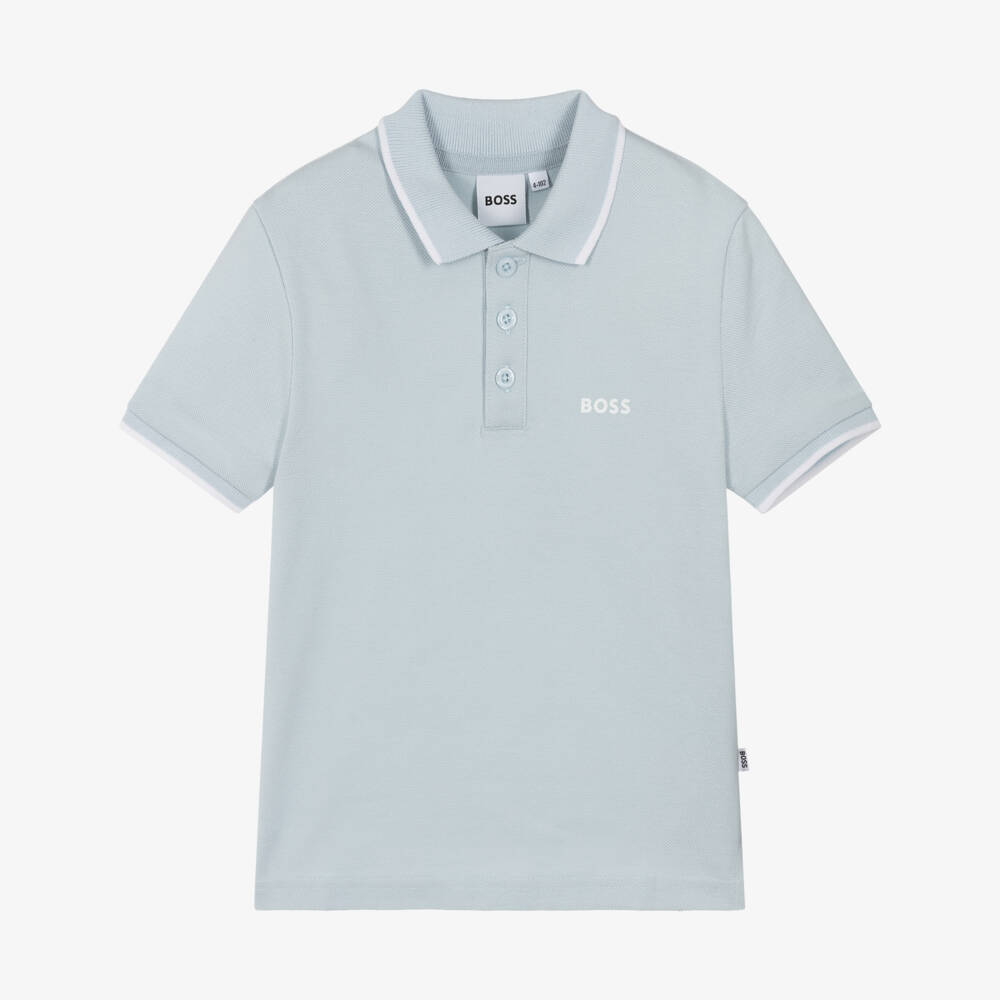 BOSS-Boys Pale Blue Cotton Polo Shirt | Childrensalon Outlet