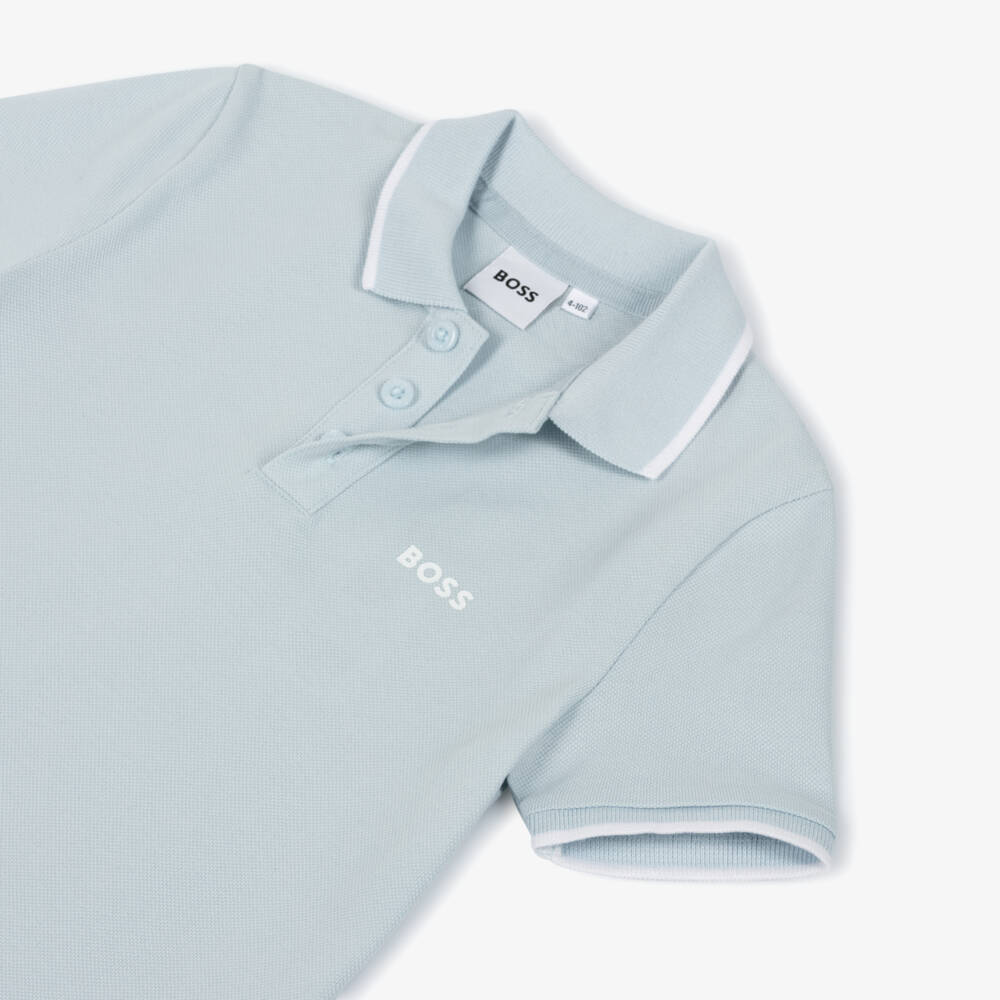 BOSS-Boys Pale Blue Cotton Polo Shirt | Childrensalon Outlet