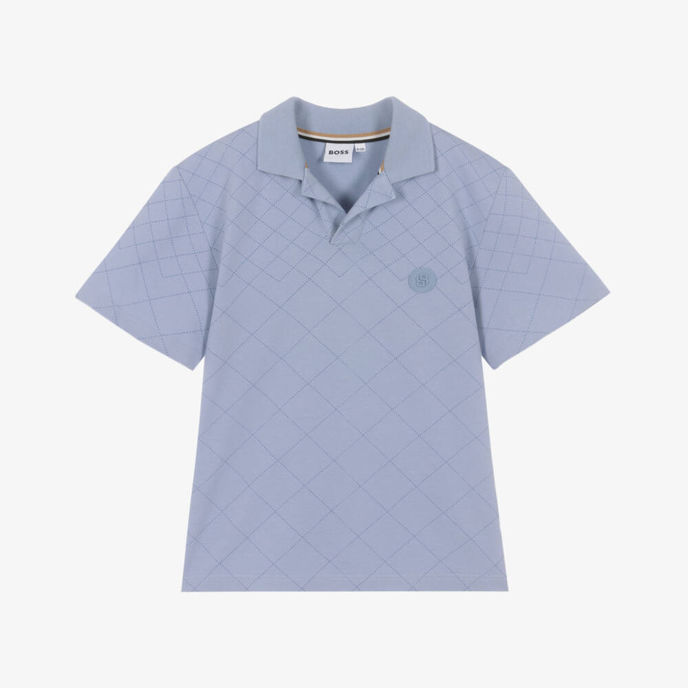 BOSS-Boys Pale Blue Cotton Polo Shirt with Diamond Pattern | Childrensalon Outlet