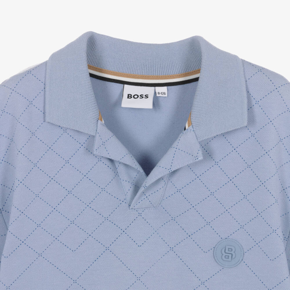 BOSS-Boys Pale Blue Cotton Polo Shirt with Diamond Pattern | Childrensalon Outlet