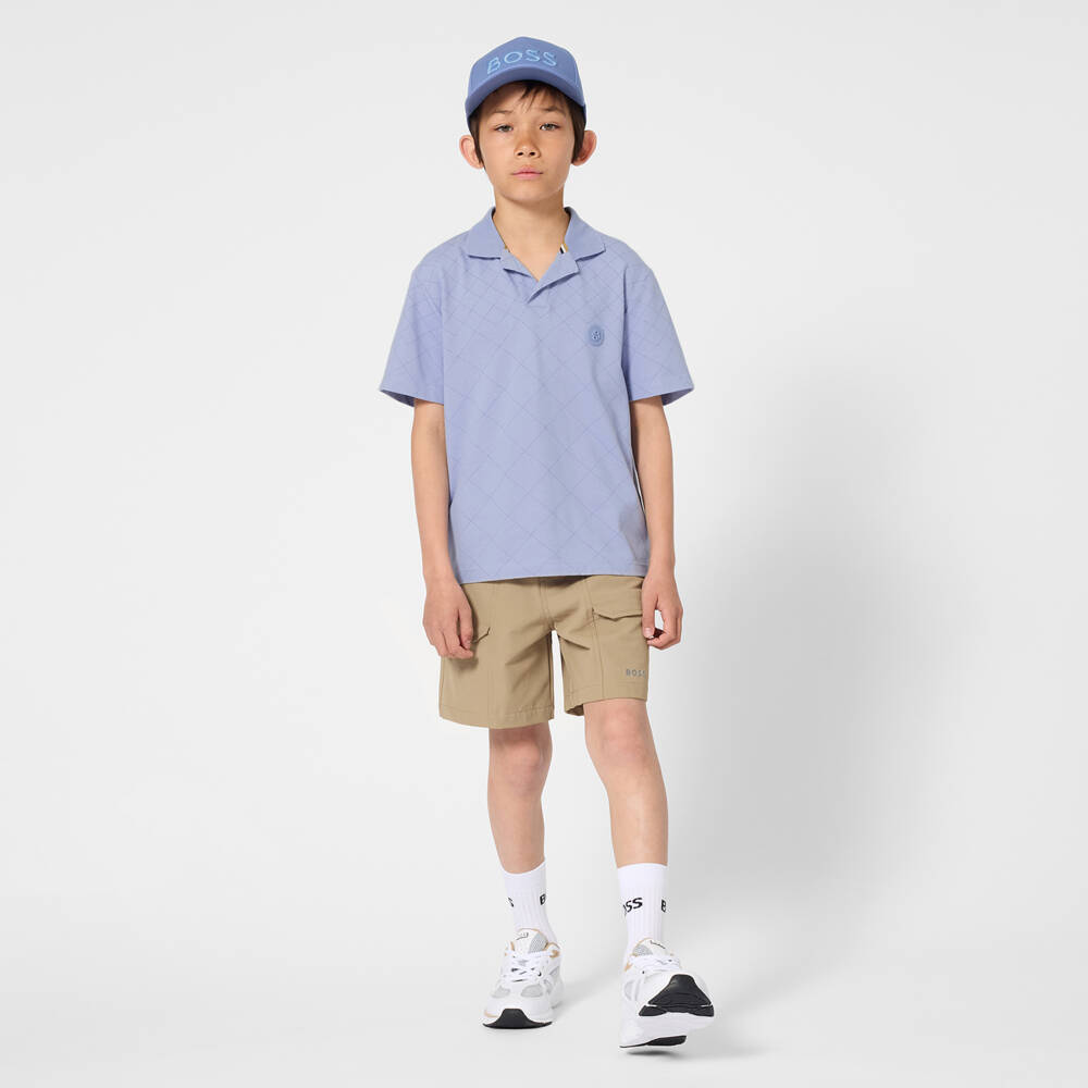 BOSS-Boys Pale Blue Cotton Polo Shirt with Diamond Pattern | Childrensalon Outlet