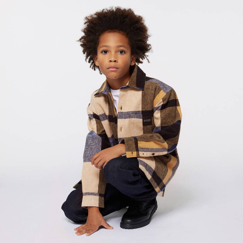 BOSS-Boys Plaid Beige Cotton Shirt | Childrensalon Outlet
