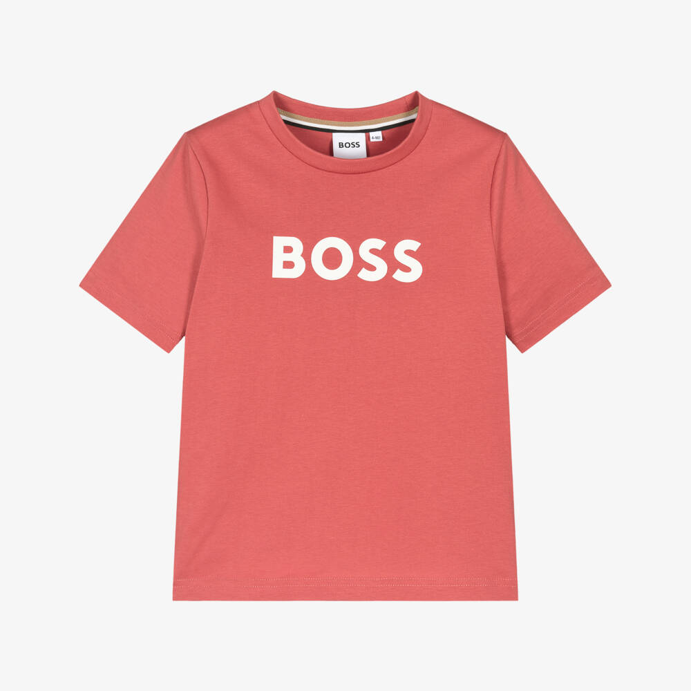 BOSS-Boys Red Cotton Crew Neck T-Shirt with Logo Print | Childrensalon Outlet