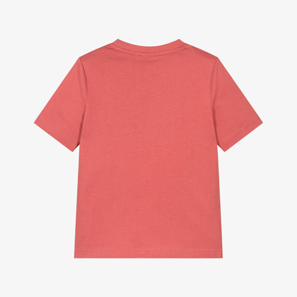 BOSS-Boys Red Cotton Crew Neck T-Shirt with Logo Print | Childrensalon Outlet