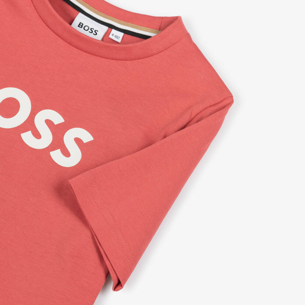 BOSS-Boys Red Cotton Crew Neck T-Shirt with Logo Print | Childrensalon Outlet