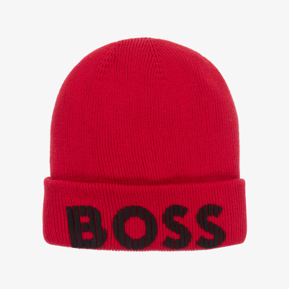 BOSS-Boys Red Cotton Knit Beanie | Childrensalon Outlet