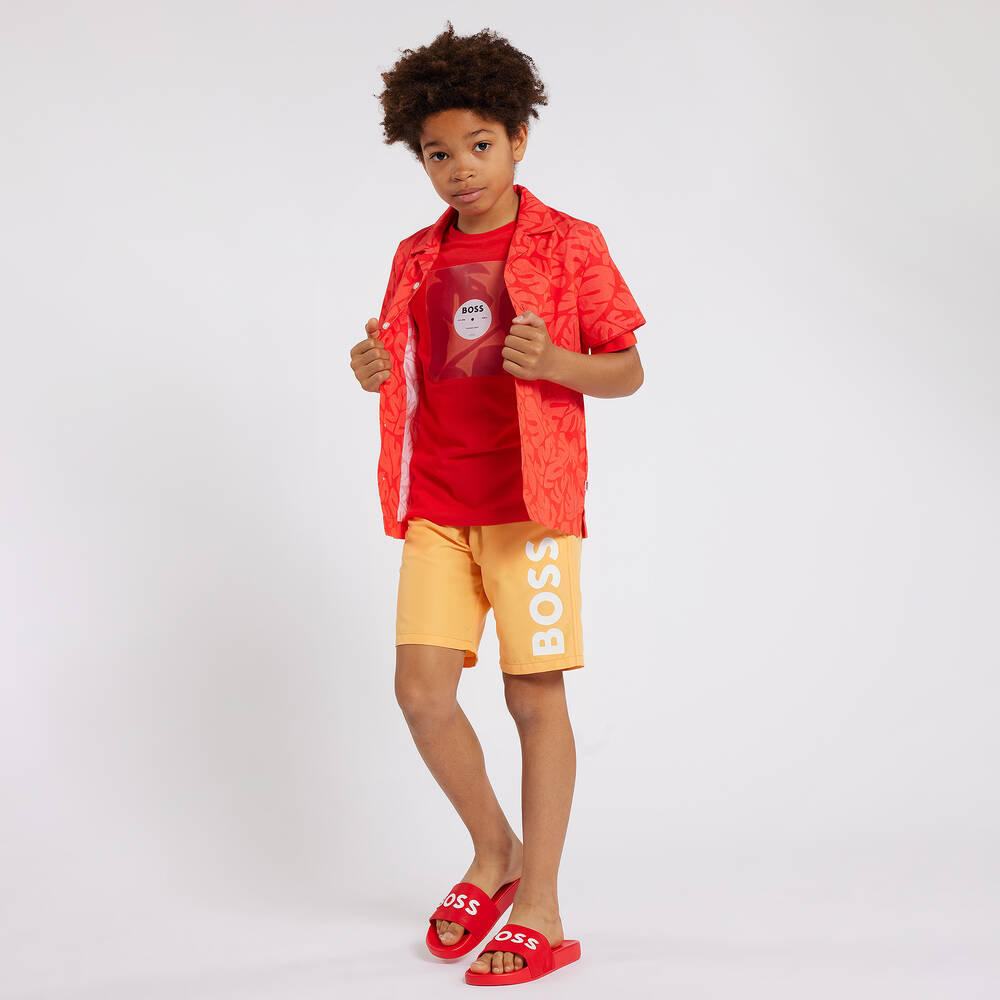 BOSS-Boys Red Cotton Leaf Print Shirt | Childrensalon Outlet