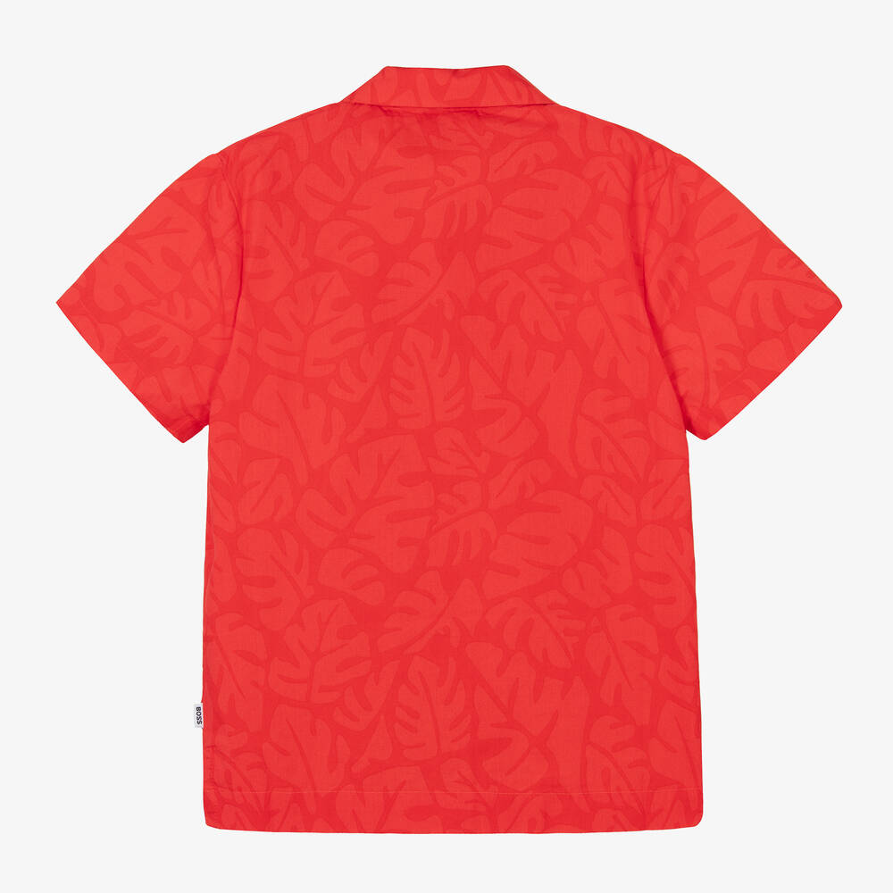 BOSS-Boys Red Cotton Leaf Print Shirt | Childrensalon Outlet