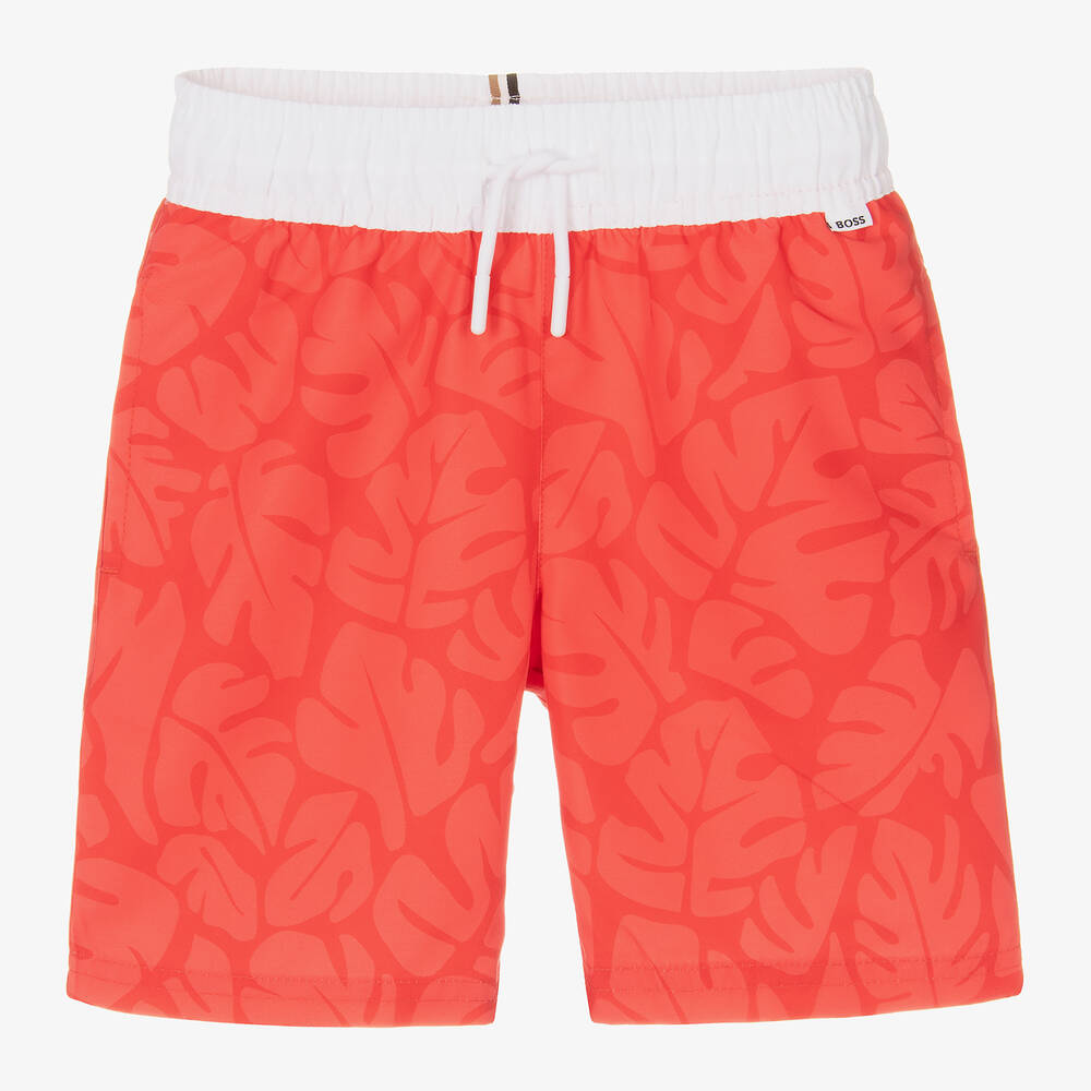 BOSS-Boys Red Leaf Print Swim Shorts | Childrensalon Outlet