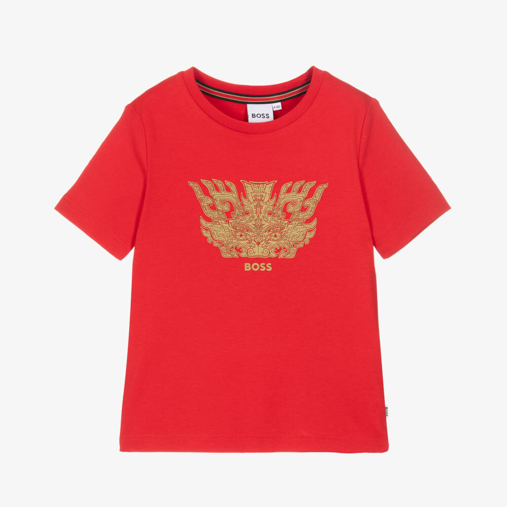 BOSS-Футболка для мальчиков алого цвета с золотым акцентом и драконом | Childrensalon Outlet
