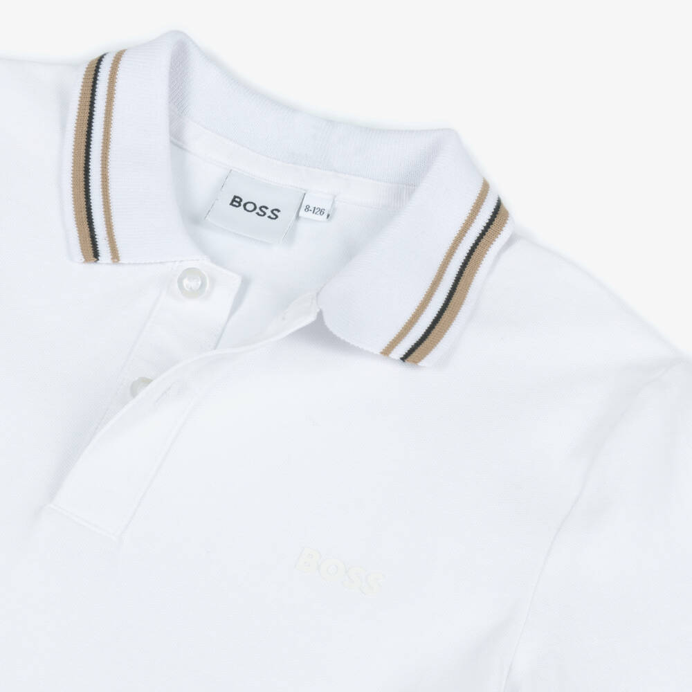 BOSS-Boys Short-Sleeved White Cotton Piqué Polo Shirt | Childrensalon Outlet