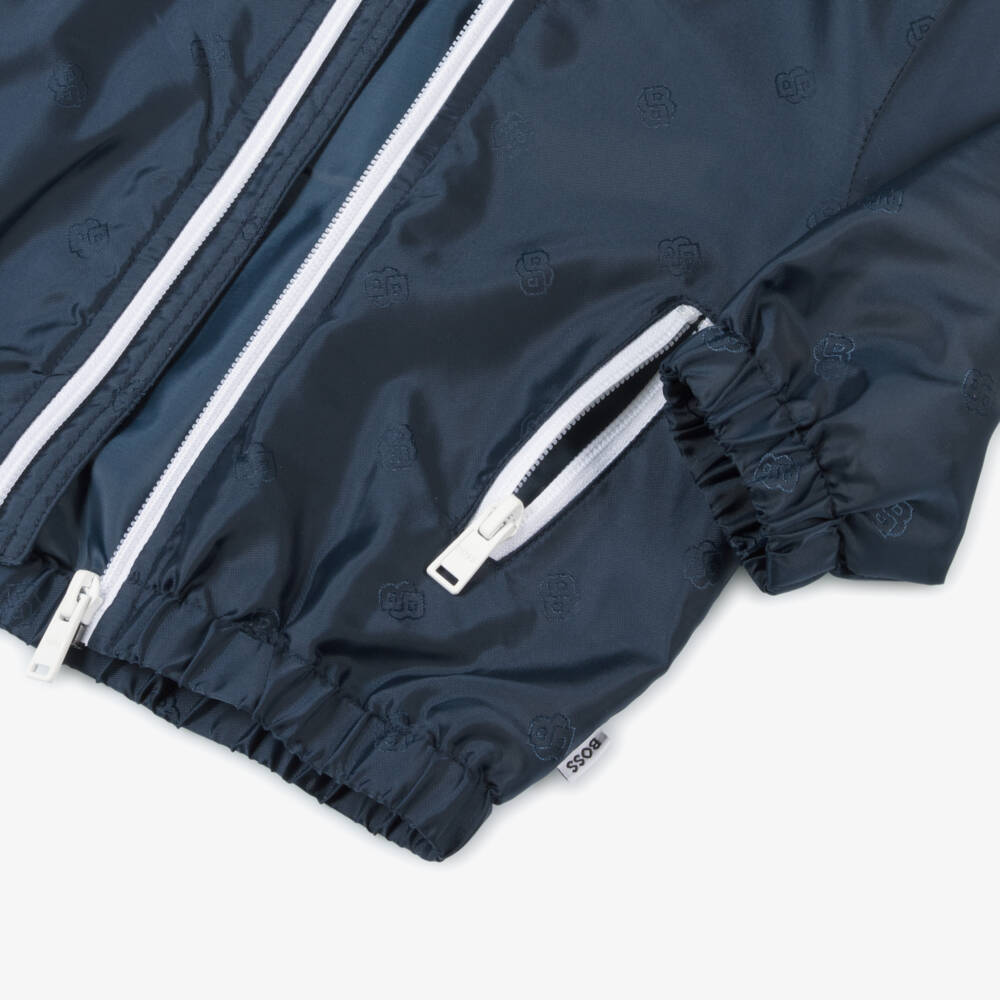 BOSS-Boys Silky Navy Monogram Jacket | Childrensalon Outlet
