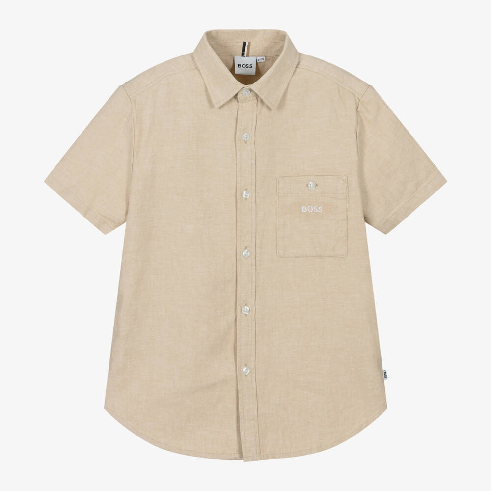 BOSS-Boys Soft Beige Linen Blend Shirt | Childrensalon Outlet