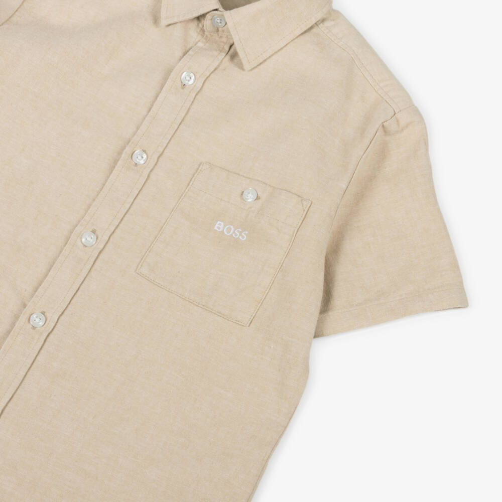 BOSS-Мягкая бежевая рубашка из льняной смеси для мальчиков | Childrensalon Outlet
