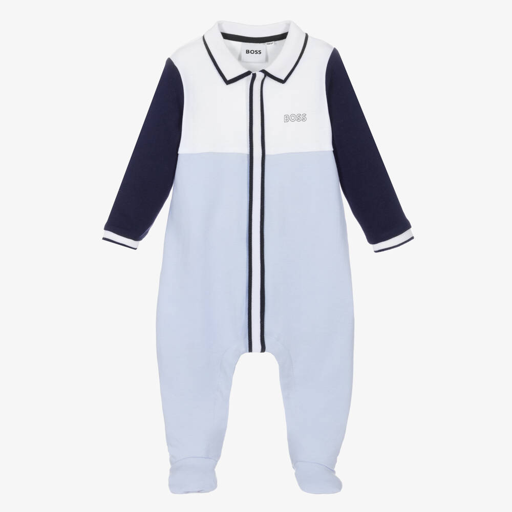 BOSS-Boys Soft Blue Collared Cotton Romper | Childrensalon Outlet