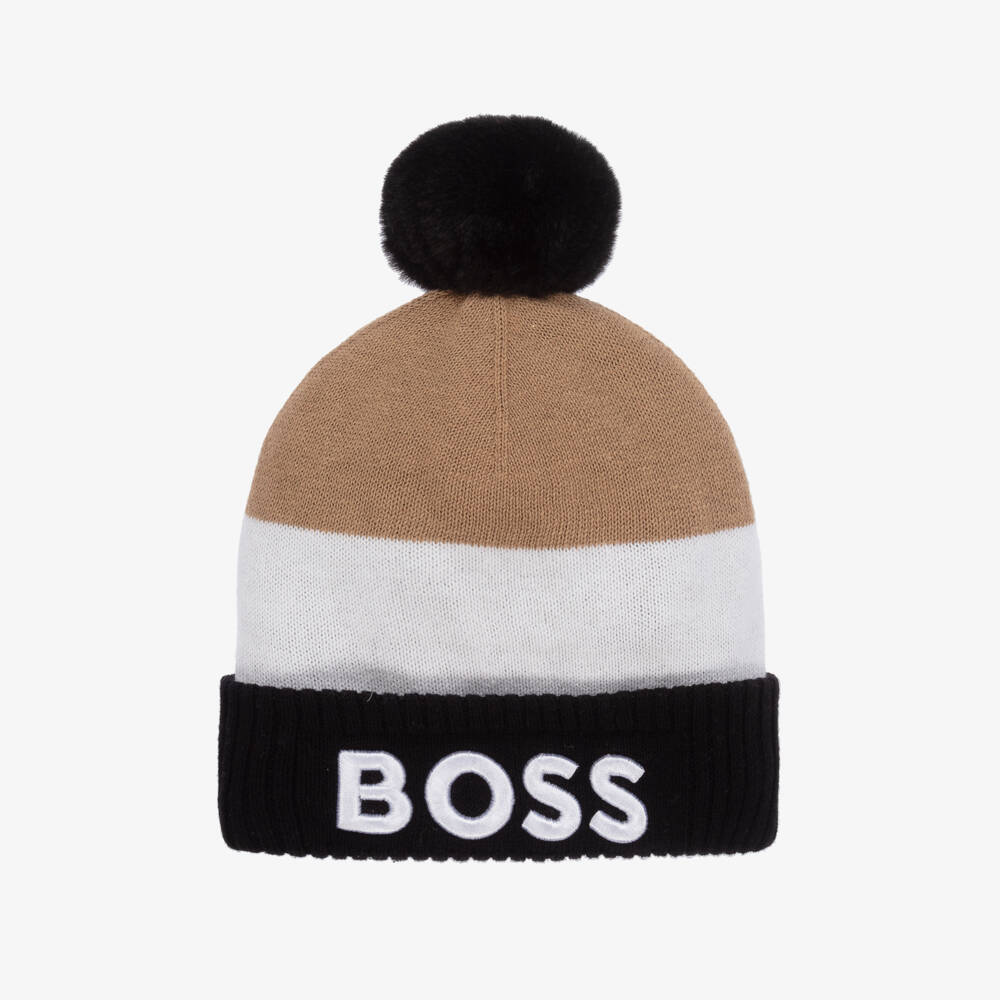 BOSS-Boys Striped Beige Knitted Hat | Childrensalon Outlet