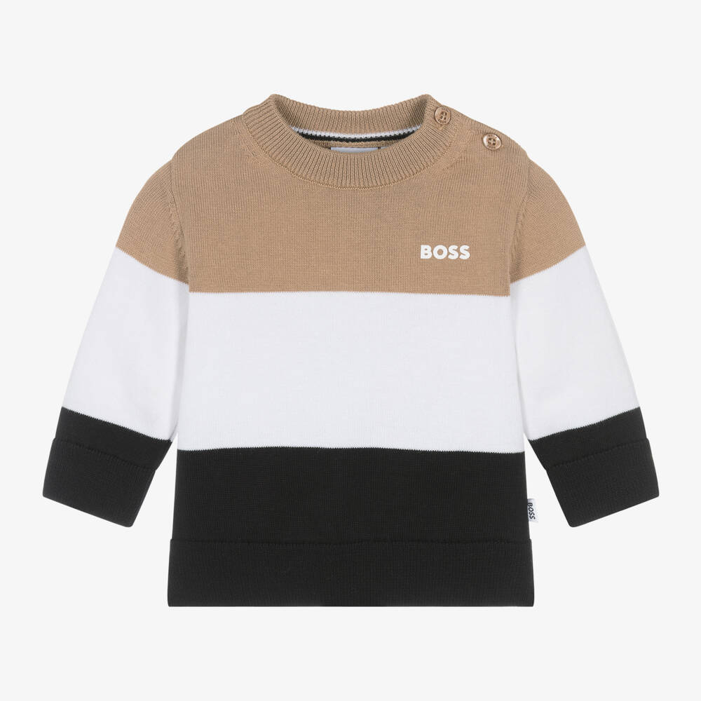 BOSS-Бежевый хлопковый вязаный свитер в полоску для мальчиков | Childrensalon Outlet