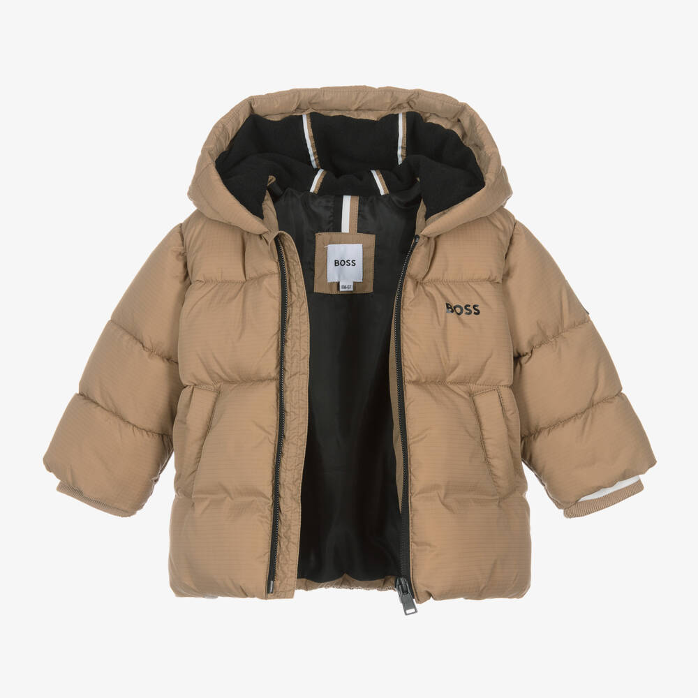 BOSS-Boys Taupe Hooded Down Jacket | Childrensalon Outlet